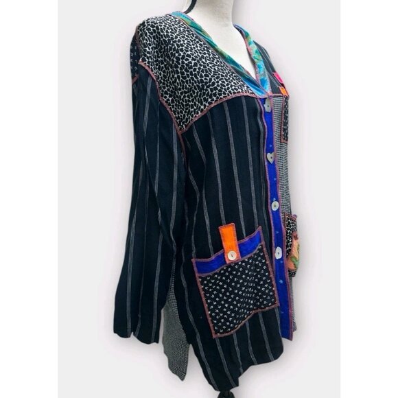 Faith Womens Sz L Artsy Mixed Media Jacket Embroidery Patchwork Colorblock Retro - Picture 3 of 11